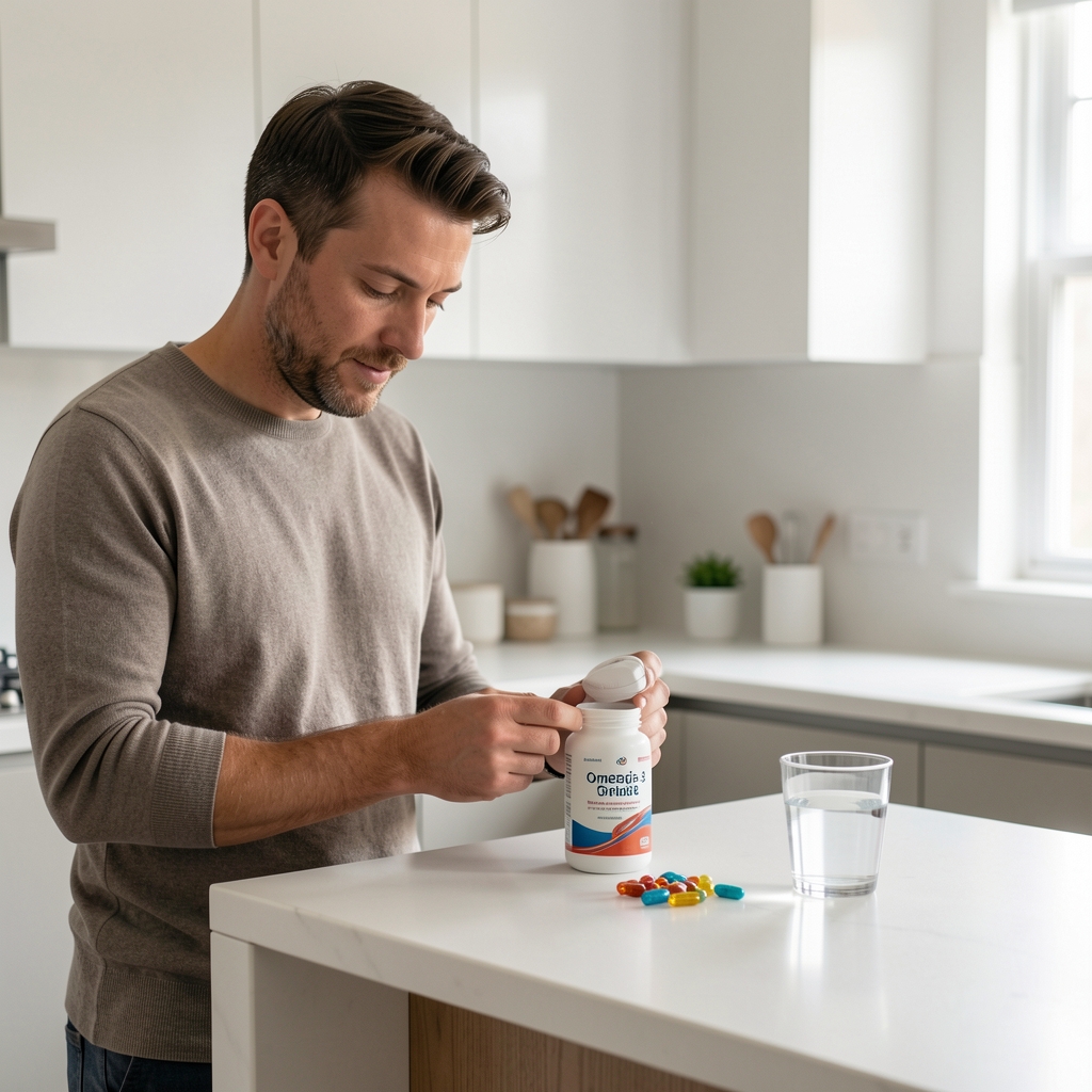Man preparing morning supplements including omega-3 daily supplements and a glass of water on a minimalist kitchen counter, calm morning light, editorial lifestyle composition