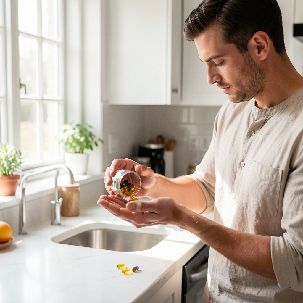 Man pouring omega-3 daily supplements into his palm at a bright kitchen counter, morning light filtering through a nearby window, editorial lifestyle composition